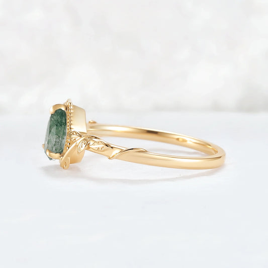 Nature Pear Shaped Moss Agate Leafy Gemstone Ring