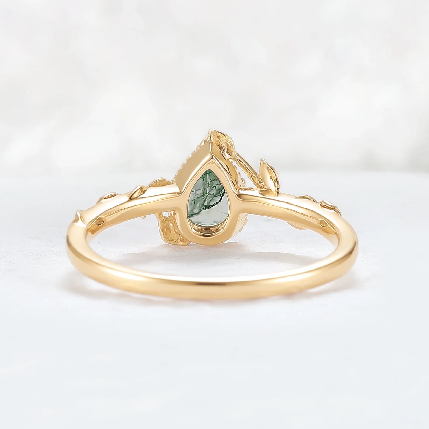 Nature Pear Shaped Moss Agate Leafy Gemstone Ring
