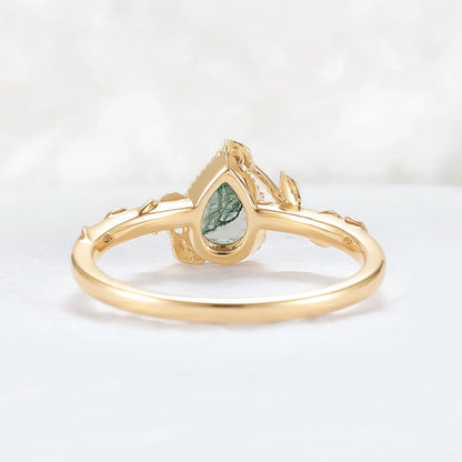Nature Pear Shaped Moss Agate Leafy Gemstone Ring