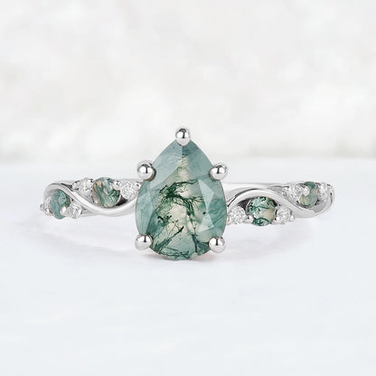 Nature Pear Shaped Moss Agate Vine Gemstone Ring
