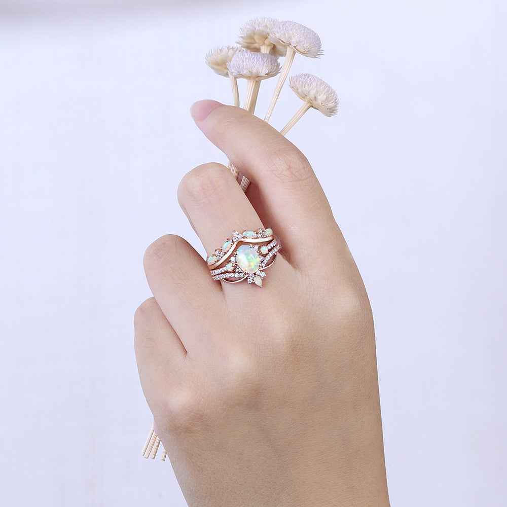 Unique Oval Cut Natural Opal Vine Gemstone Ring Set 3pcs