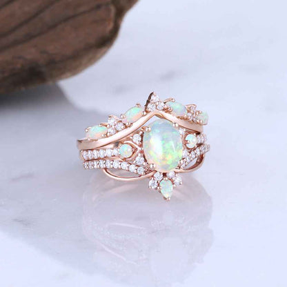 Unique Oval Cut Natural Opal Vine Gemstone Ring Set 3pcs