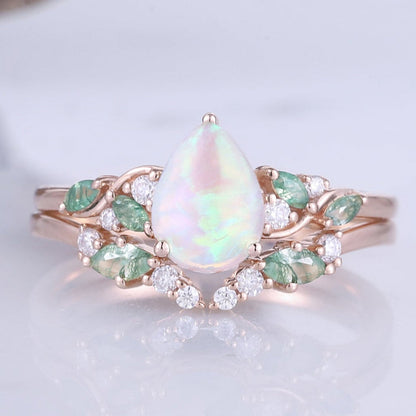 Natural Pear Shaped Opal Vine Ring Set 2pcs