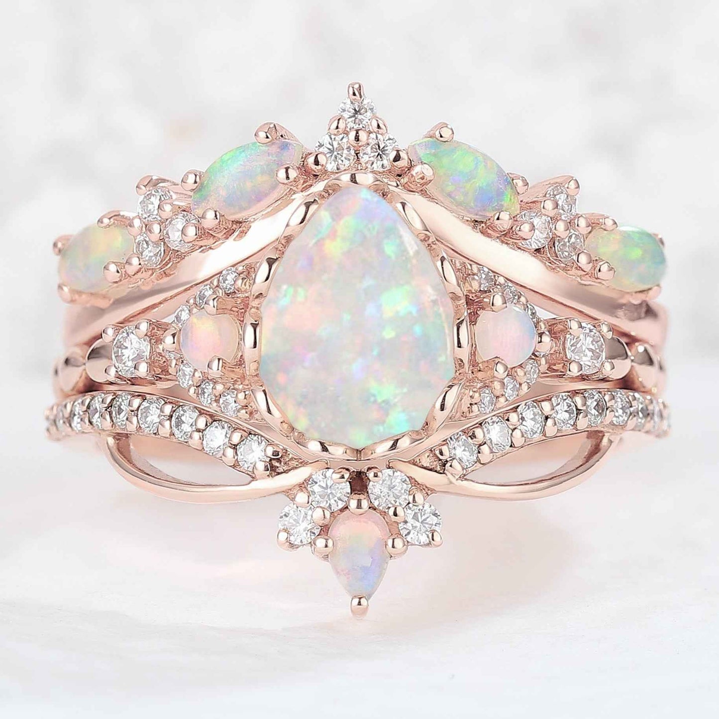 Nature Pear Cut Opal Vine Handmade Gemstone Ring Set 3pcs