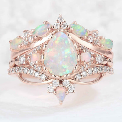 Nature Pear Cut Opal Vine Handmade Gemstone Ring Set 3pcs