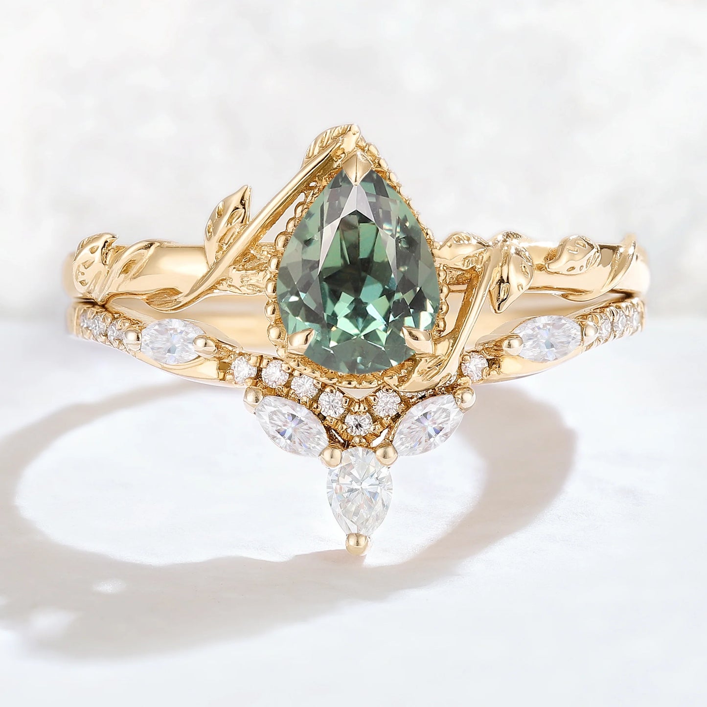 Nature Pear Shaped Sapphire Leaf Gemstone Ring Set 2pcs