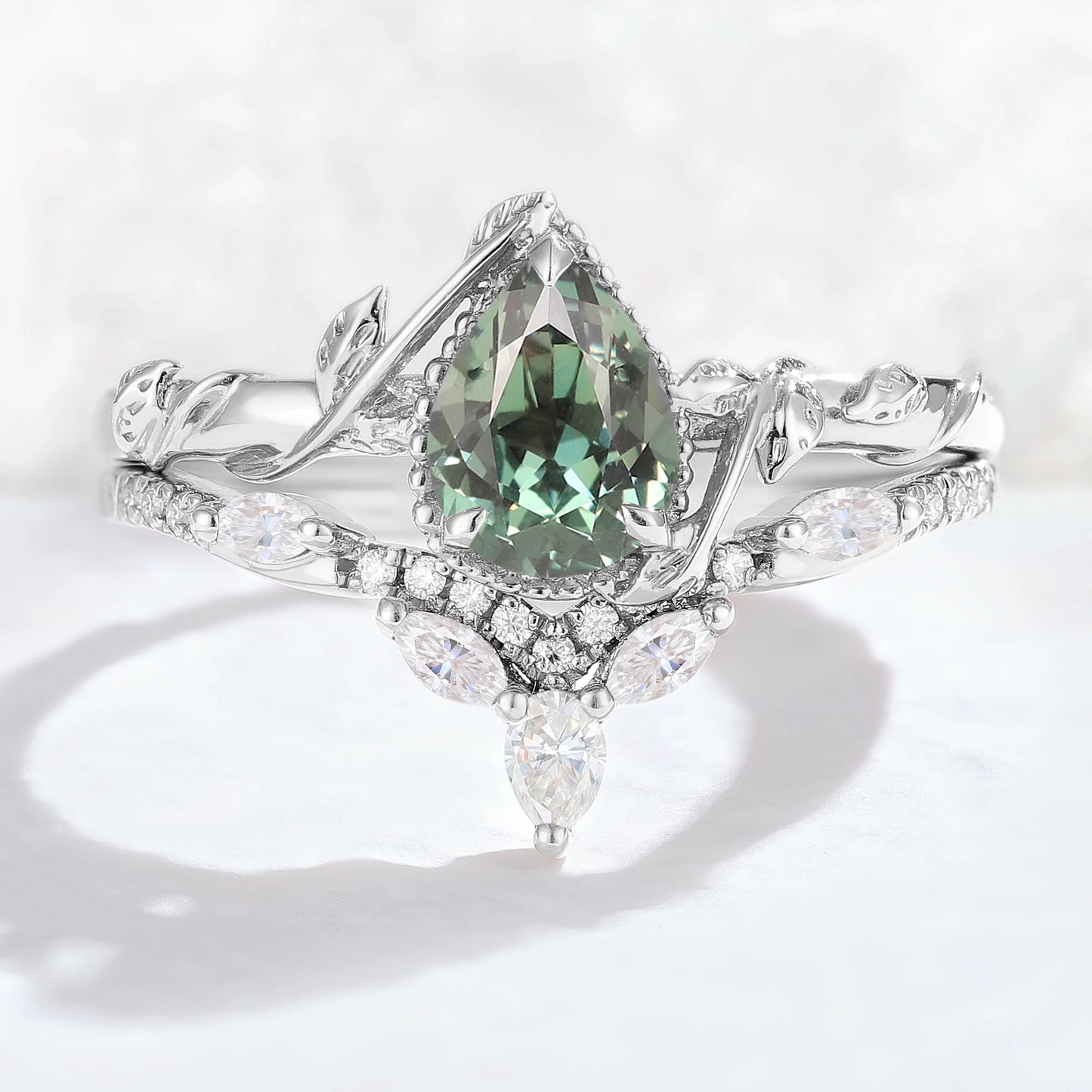 Nature Pear Shaped Sapphire Leaf Gemstone Ring Set 2pcs