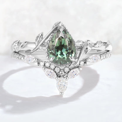 Nature Pear Shaped Sapphire Leaf Gemstone Ring Set 2pcs
