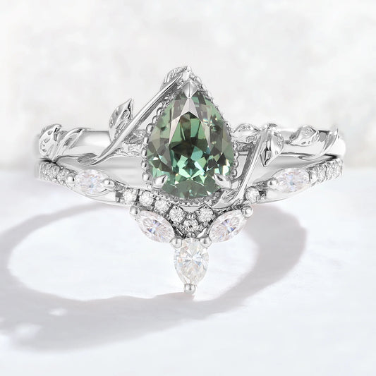 Nature Pear Shaped Sapphire Leaf Gemstone Ring Set 2pcs