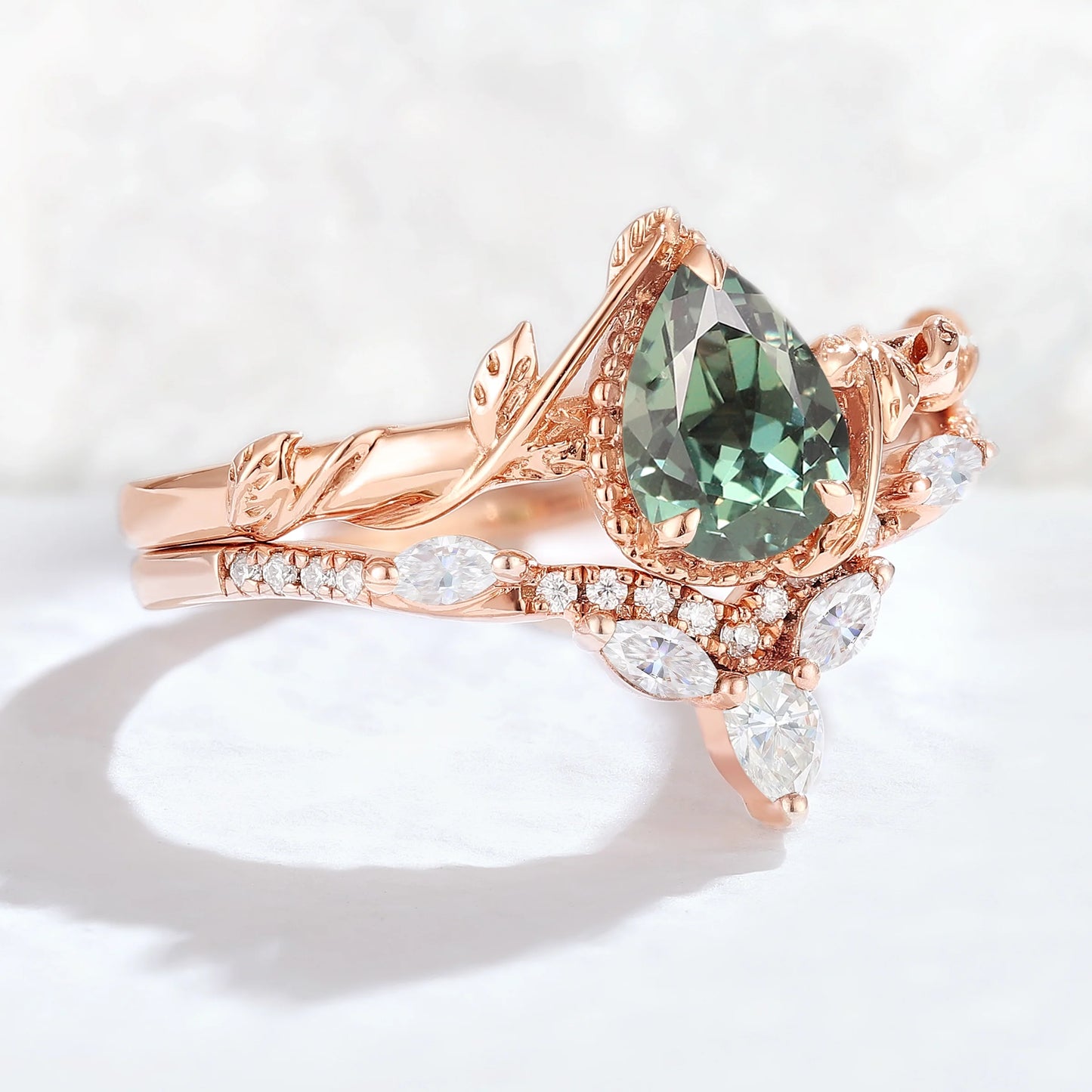 Nature Pear Shaped Sapphire Leaf Gemstone Ring Set 2pcs