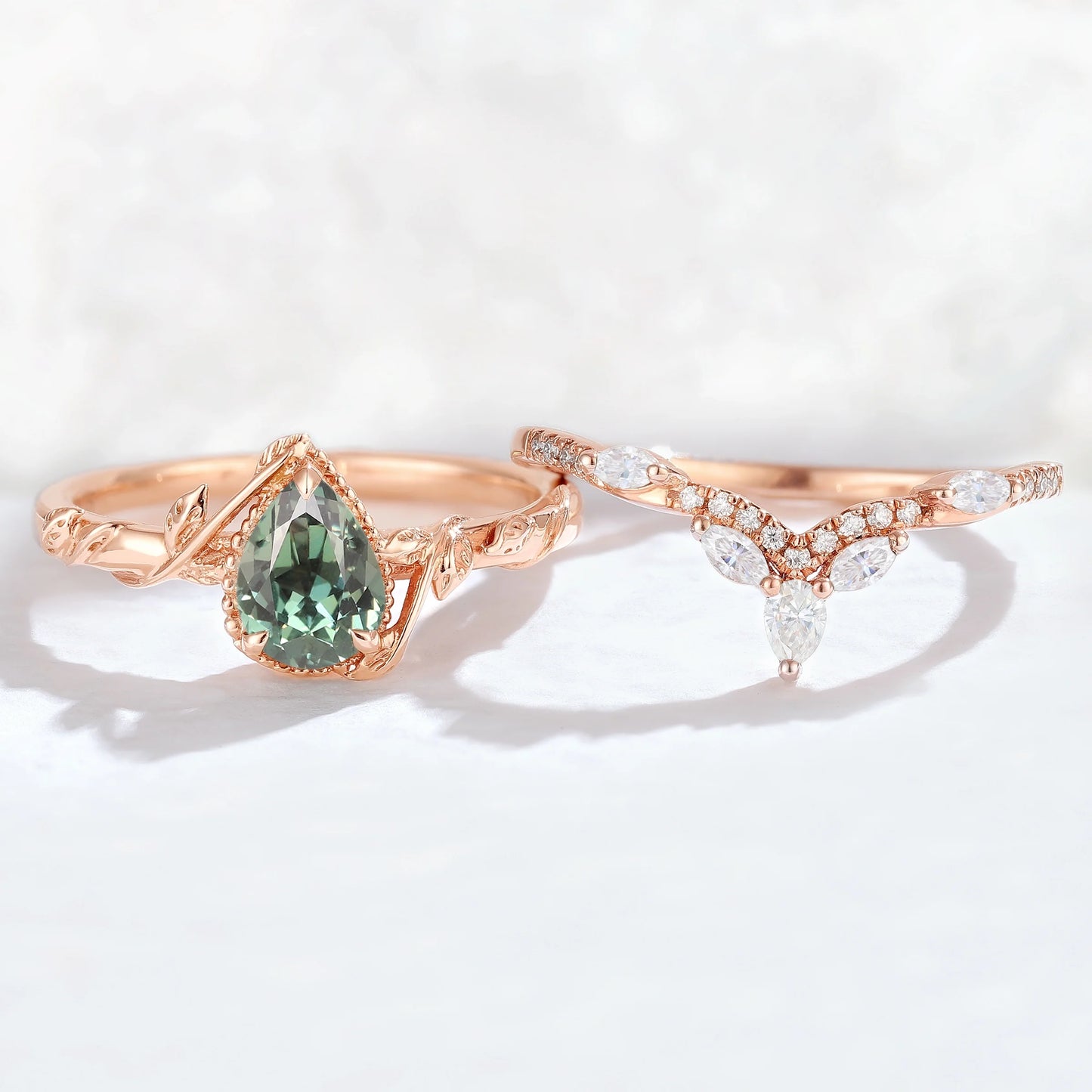 Nature Pear Shaped Sapphire Leaf Gemstone Ring Set 2pcs