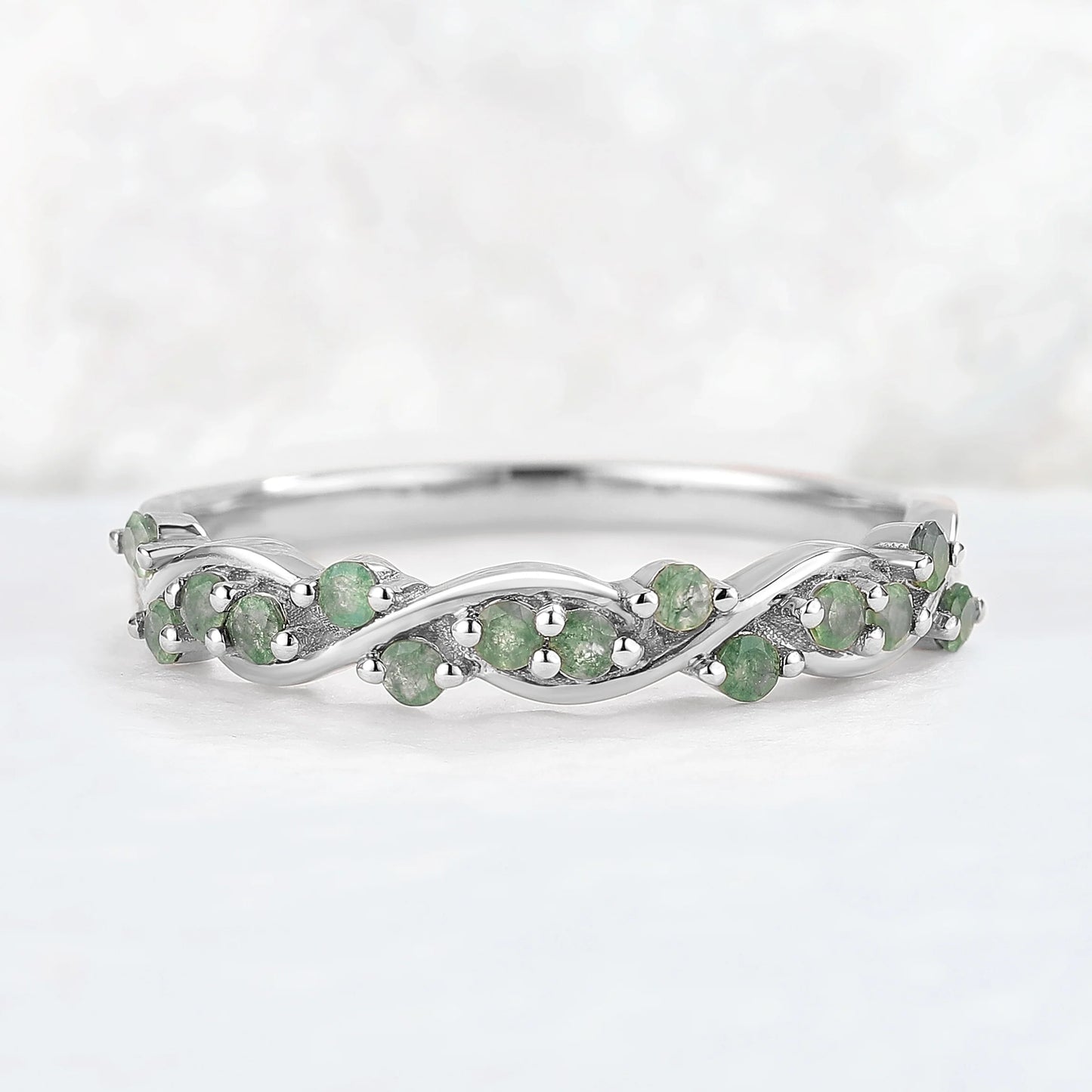Nature Round Shaped Moss Agate Vine Stacking Ring