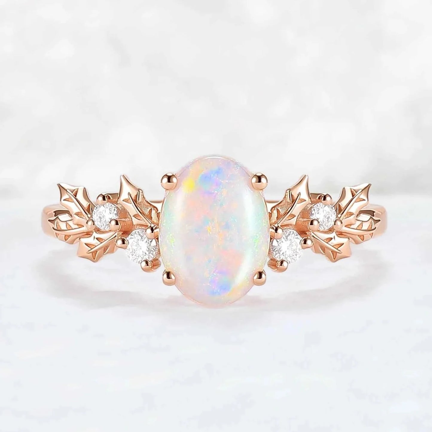 Unique Holly Leafy Oval Natural Opal Engagement Ring