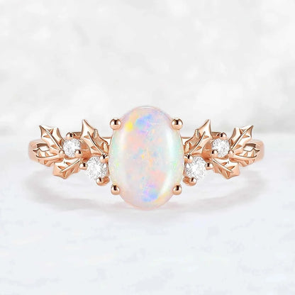 Unique Holly Leafy Oval Natural Opal Engagement Ring