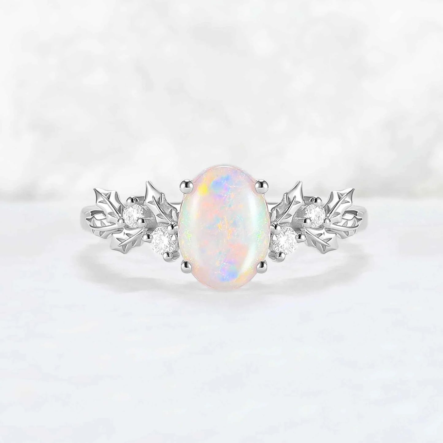 Unique Holly Leafy Oval Natural Opal Engagement Ring