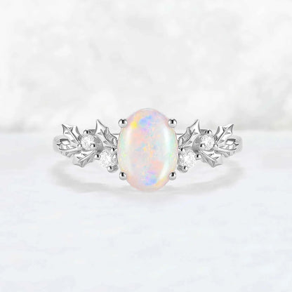 Unique Holly Leafy Oval Natural Opal Engagement Ring
