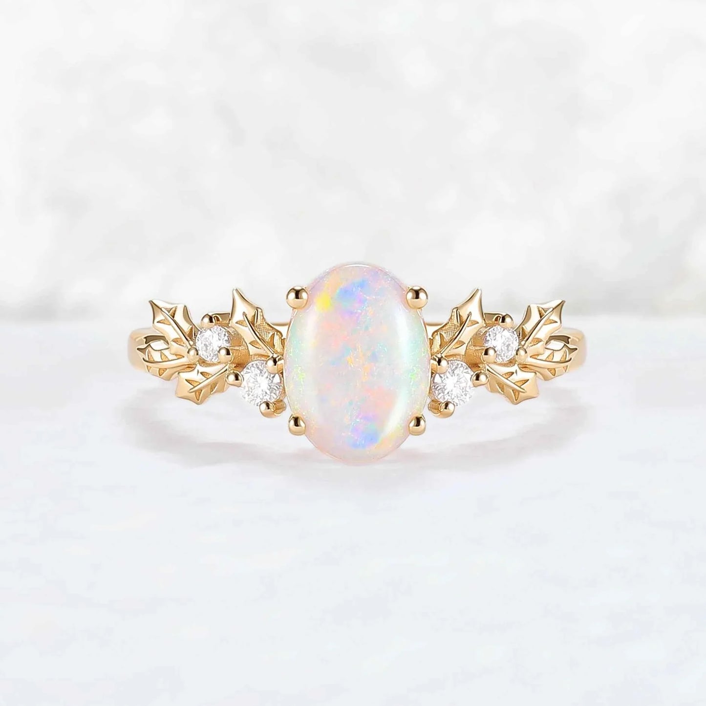 Unique Holly Leafy Oval Natural Opal Engagement Ring