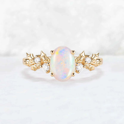 Unique Holly Leafy Oval Natural Opal Engagement Ring