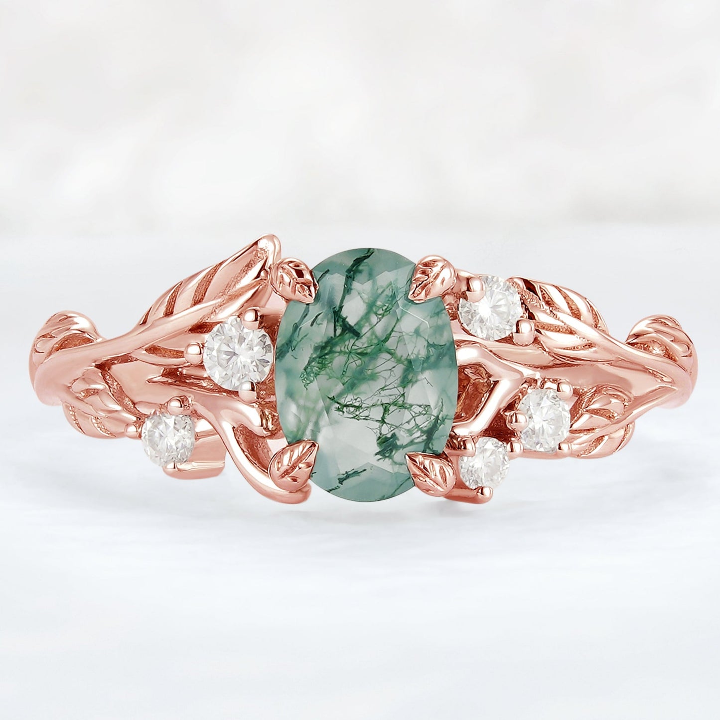 Nature Inspired Oval Cut Moss Agate Leafy 10K Gold Ring