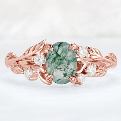 Nature Inspired Oval Cut Moss Agate Leafy 10K Gold Ring