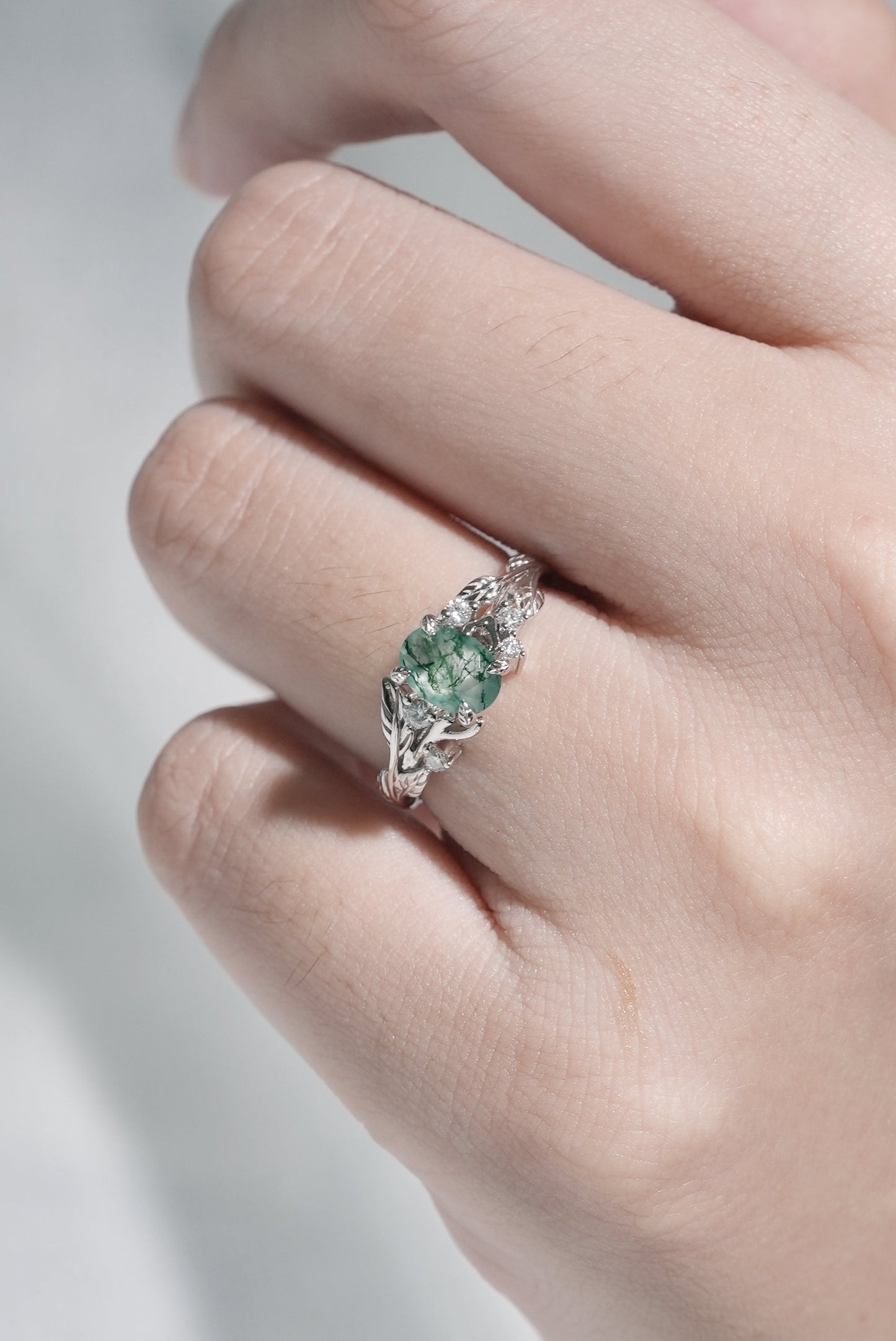 Nature Inspired Oval Cut Moss Agate Leafy 10K Gold Ring