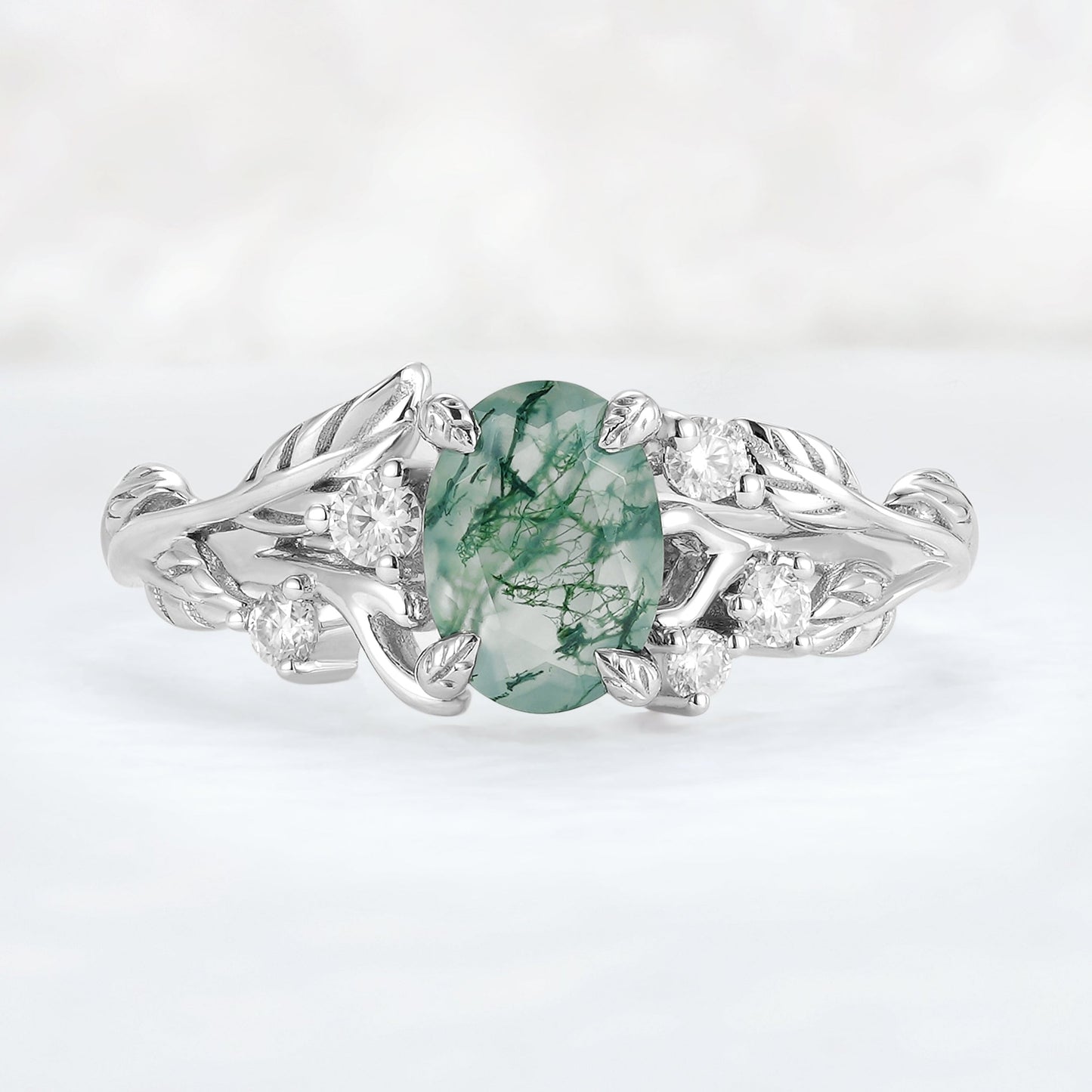 Nature Inspired Oval Cut Moss Agate Leafy 10K Gold Ring