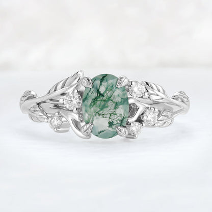 Nature Inspired Oval Cut Moss Agate Leafy 10K Gold Ring