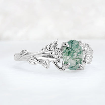 Nature Inspired Oval Cut Moss Agate Leafy 10K Gold Ring