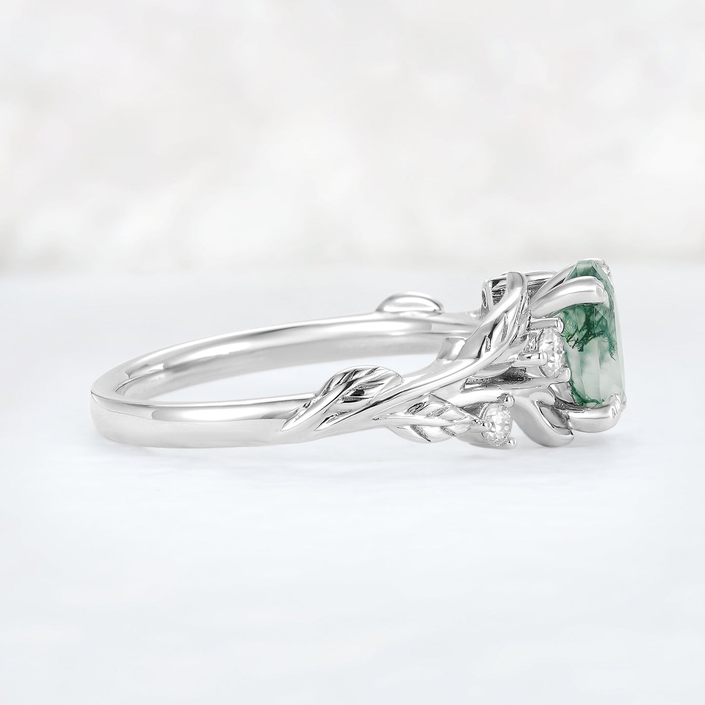 Nature Inspired Oval Cut Moss Agate Leafy 10K Gold Ring