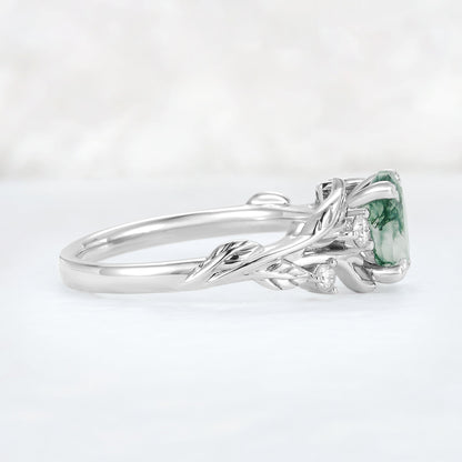Nature Inspired Oval Cut Moss Agate Leafy 10K Gold Ring