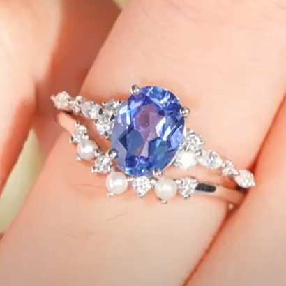 Cluster Oval Cut Cornflower Sapphire Gemstone Ring set 2pcs