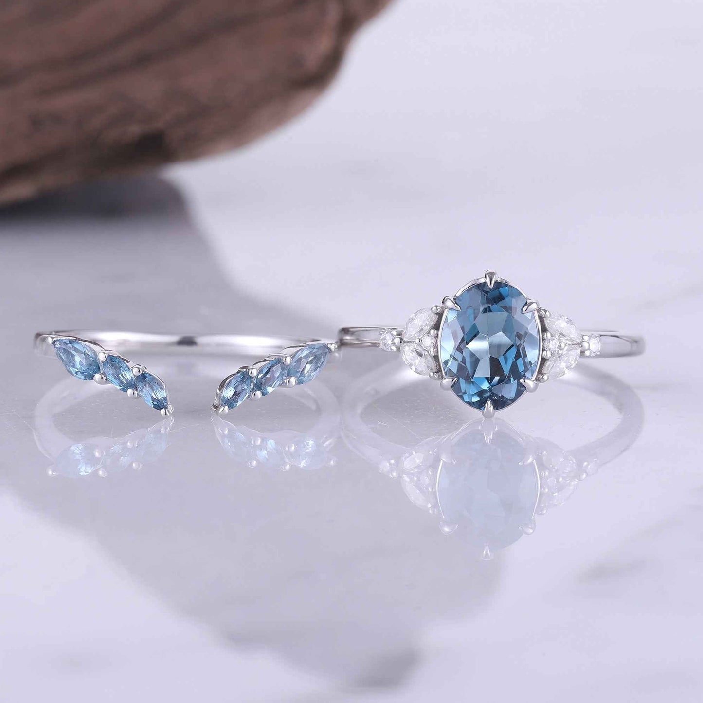 Cluster Oval London Blue Topaz Gemstone Ring Set 2pcs