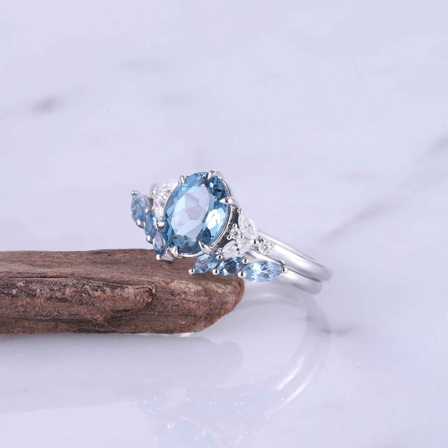 Cluster Oval London Blue Topaz Gemstone Ring Set 2pcs