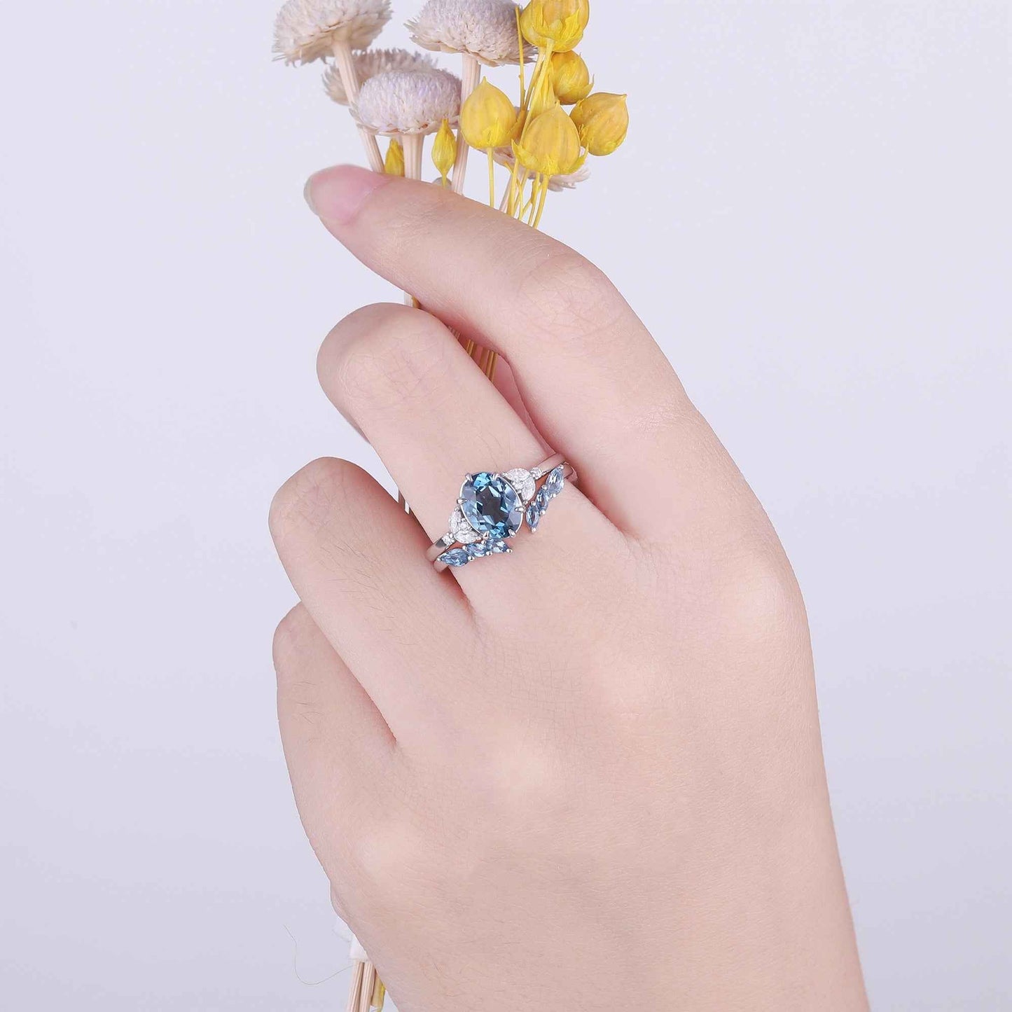 Cluster Oval London Blue Topaz Gemstone Ring Set 2pcs