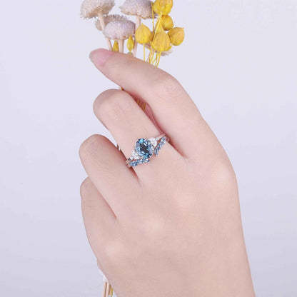 Cluster Oval London Blue Topaz Gemstone Ring Set 2pcs