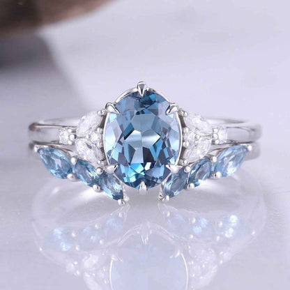 Cluster Oval London Blue Topaz Gemstone Ring Set 2pcs