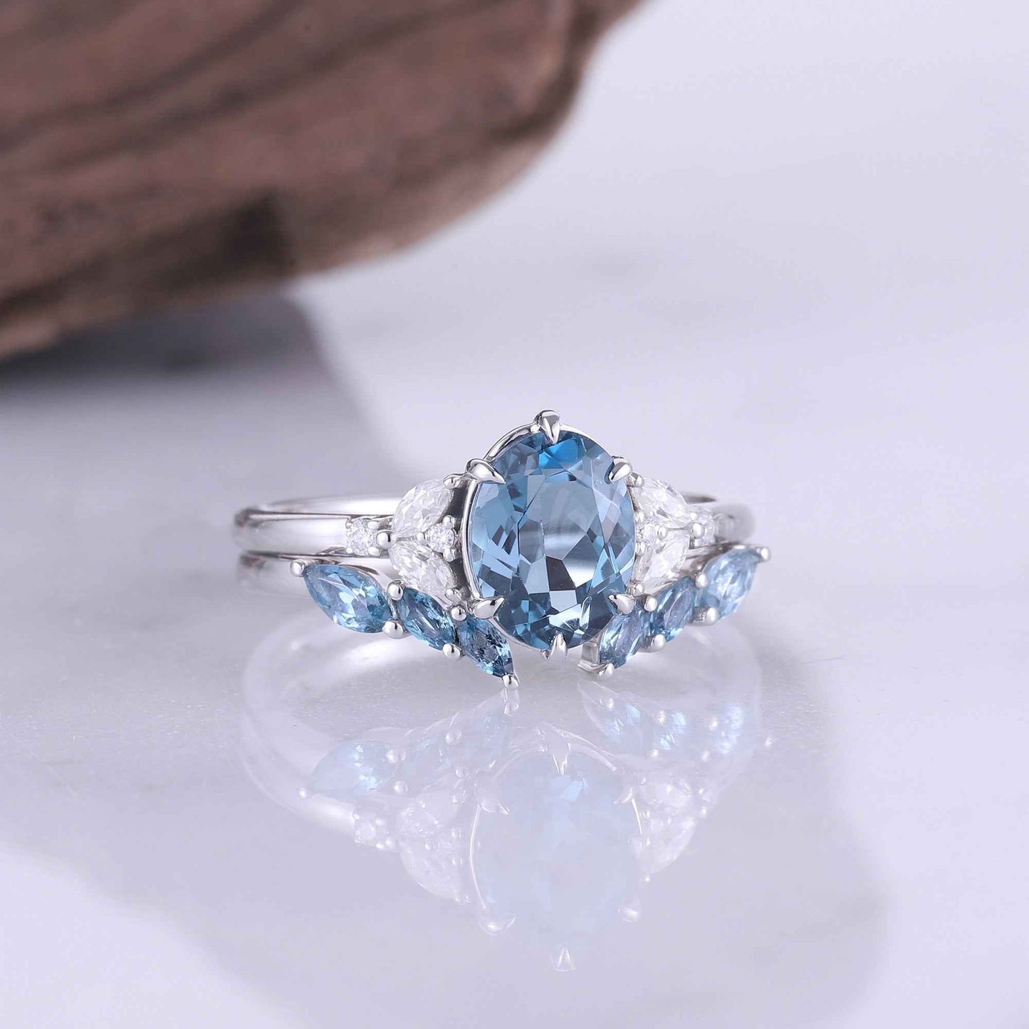 Cluster Oval London Blue Topaz Gemstone Ring Set 2pcs