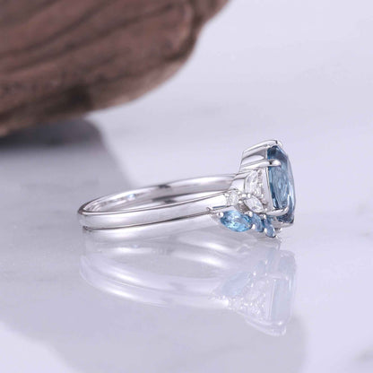 Cluster Oval London Blue Topaz Gemstone Ring Set 2pcs