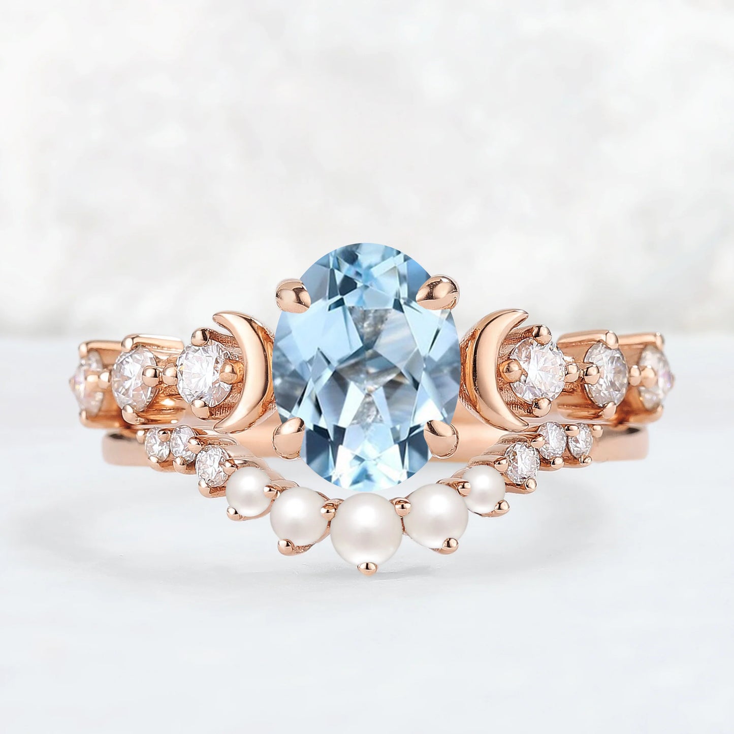 Oval Aquamarine Moon Seven Stone Gemstone Ring Set 2pcs