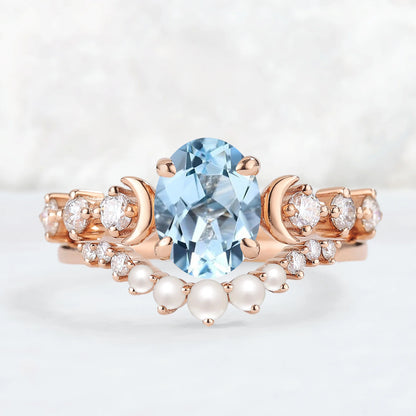 Oval Aquamarine Moon Seven Stone Gemstone Ring Set 2pcs