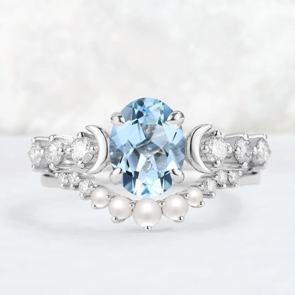 Oval Aquamarine Moon Seven Stone Gemstone Ring Set 2pcs