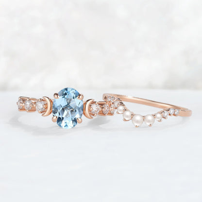 Oval Aquamarine Moon Seven Stone Gemstone Ring Set 2pcs