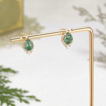 Pear Shaped Green Moss Agate Earrings Anniversary Gift for Her