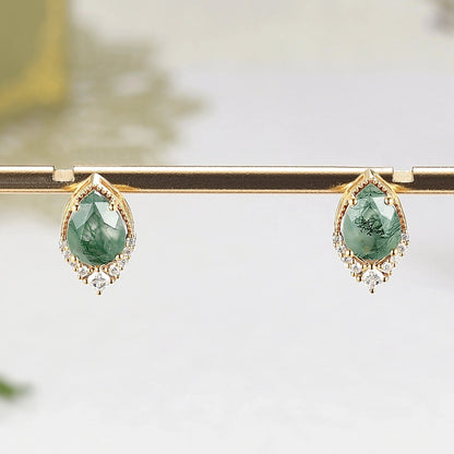Pear Shaped Green Moss Agate Earrings Anniversary Gift for Her