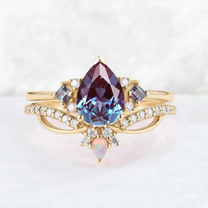 Princess Mononoke Pear Cut Alexandrite Cluster Gemstone Ring Set 2pcs
