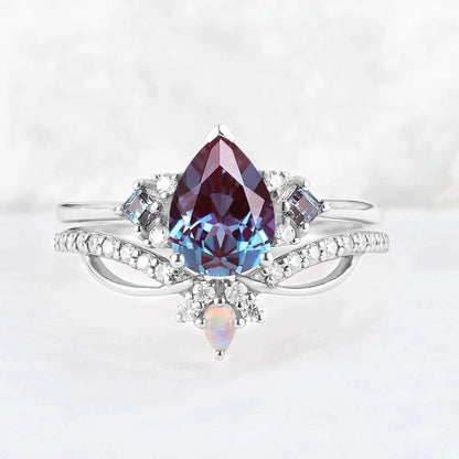 Princess Mononoke Pear Cut Alexandrite Cluster Gemstone Ring Set 2pcs