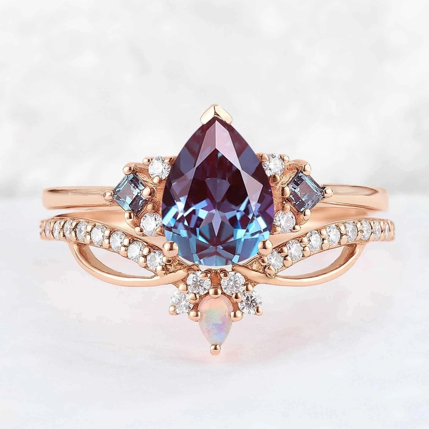 Princess Mononoke Pear Cut Alexandrite Cluster Gemstone Ring Set 2pcs