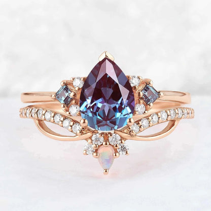Princess Mononoke Pear Cut Alexandrite Cluster Gemstone Ring Set 2pcs