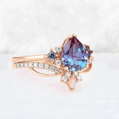 Princess Mononoke Pear Cut Alexandrite Cluster Gemstone Ring Set 2pcs