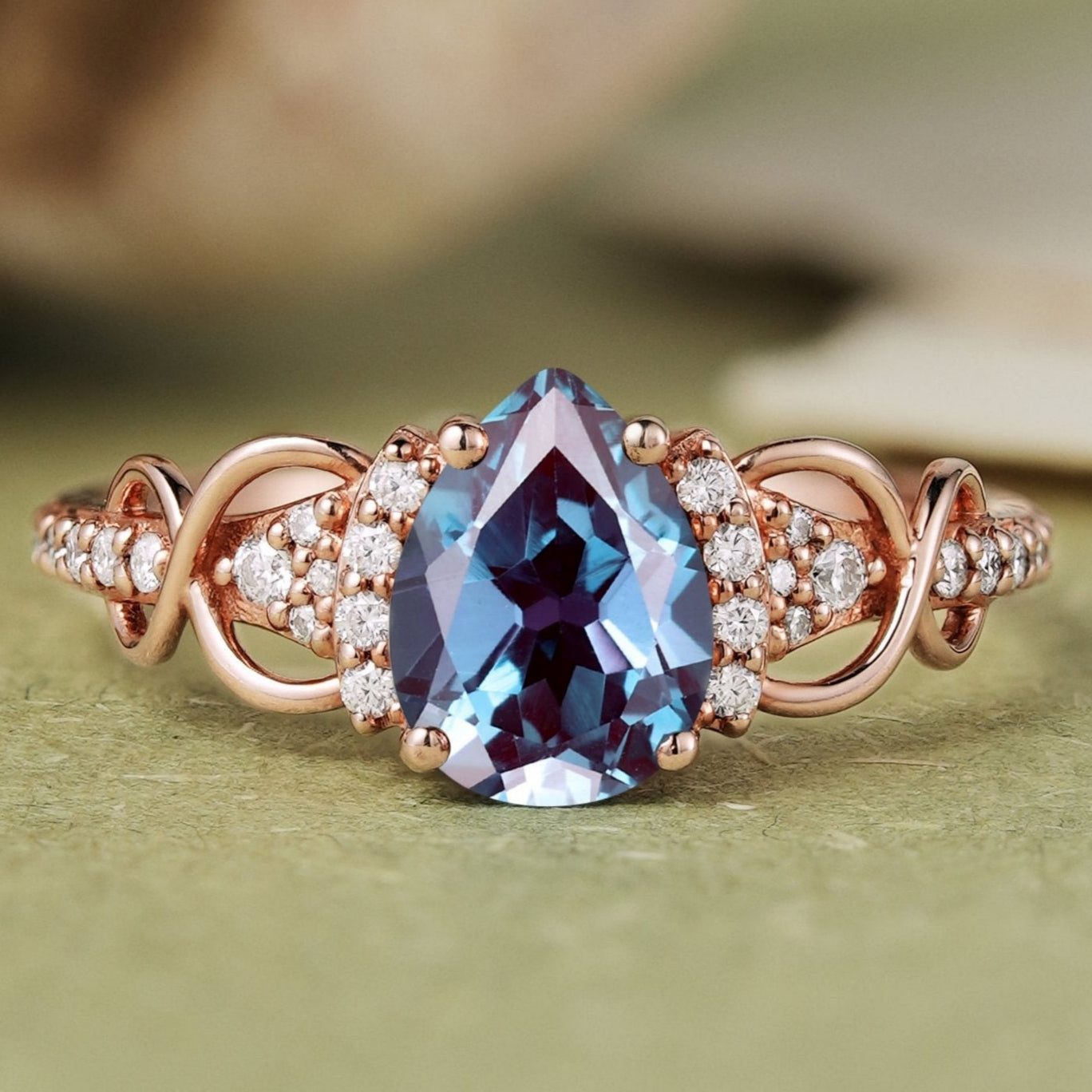 Princess Mononoke Pear Cut Alexandrite Twist Gemstone Ring